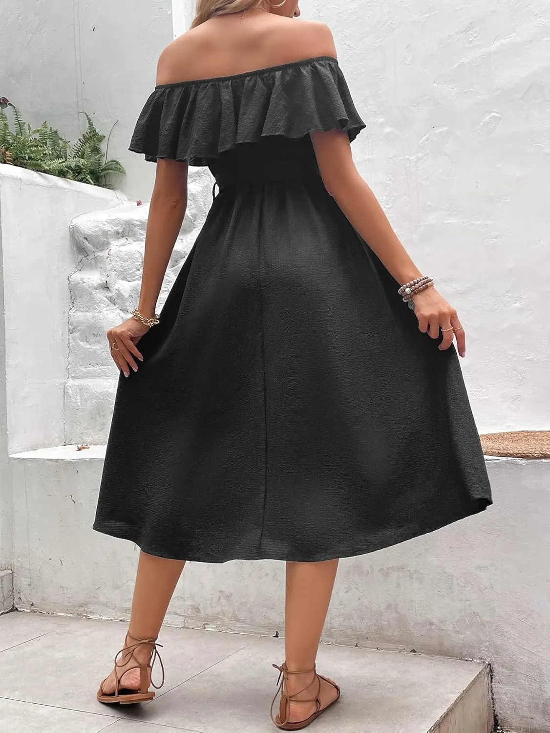 Women's Off Shoulder Ruffle Sleeve Solid High Waist A Line Long Dress with Belt