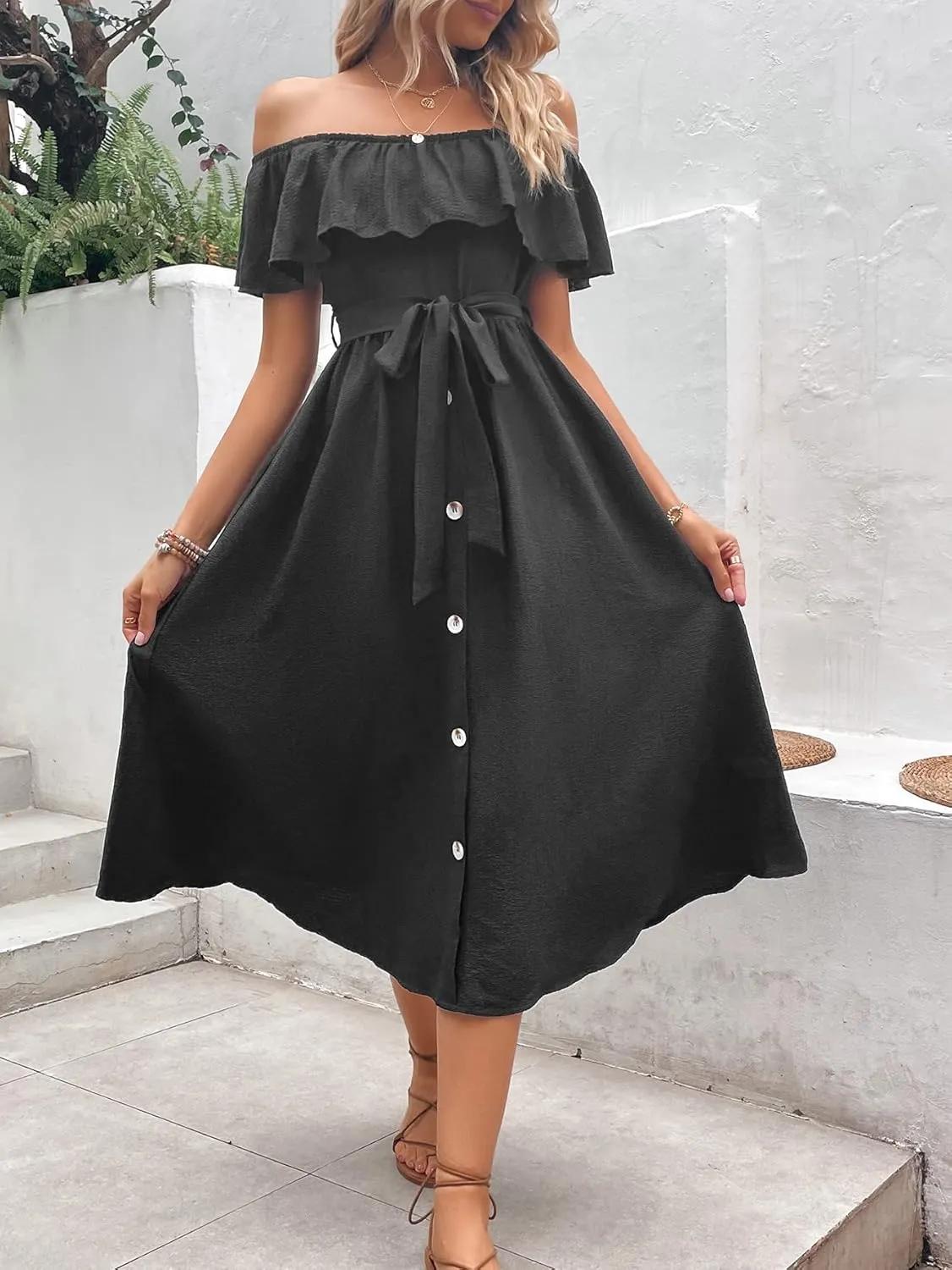 Women's Off Shoulder Ruffle Sleeve Solid High Waist A Line Long Dress with Belt
