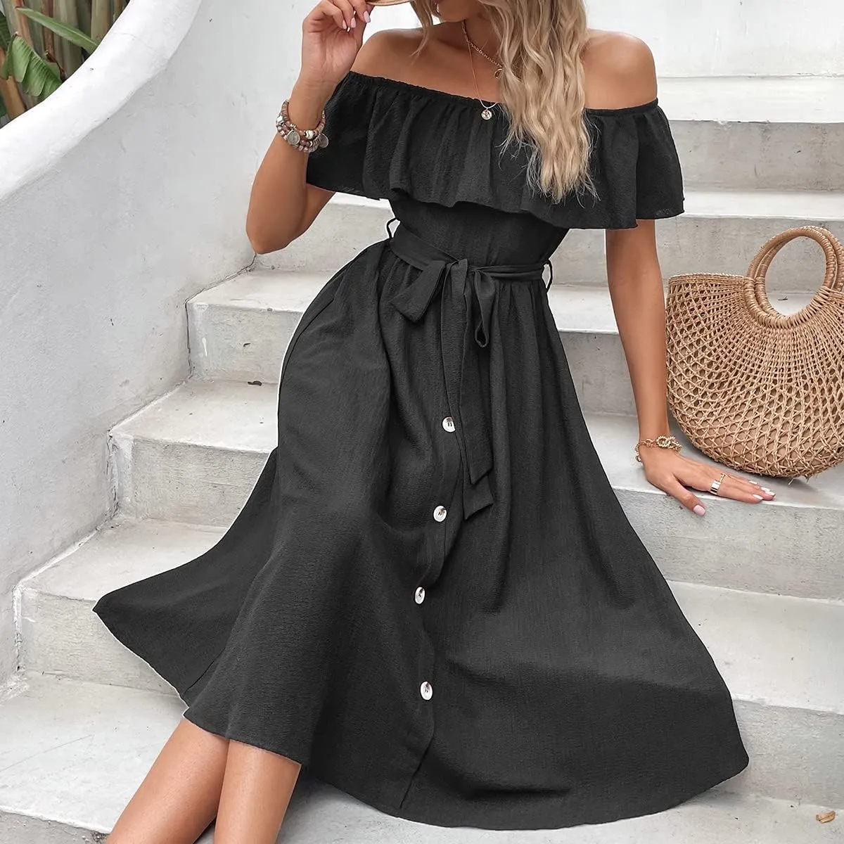 Women's Off Shoulder Ruffle Sleeve Solid High Waist A Line Long Dress with Belt