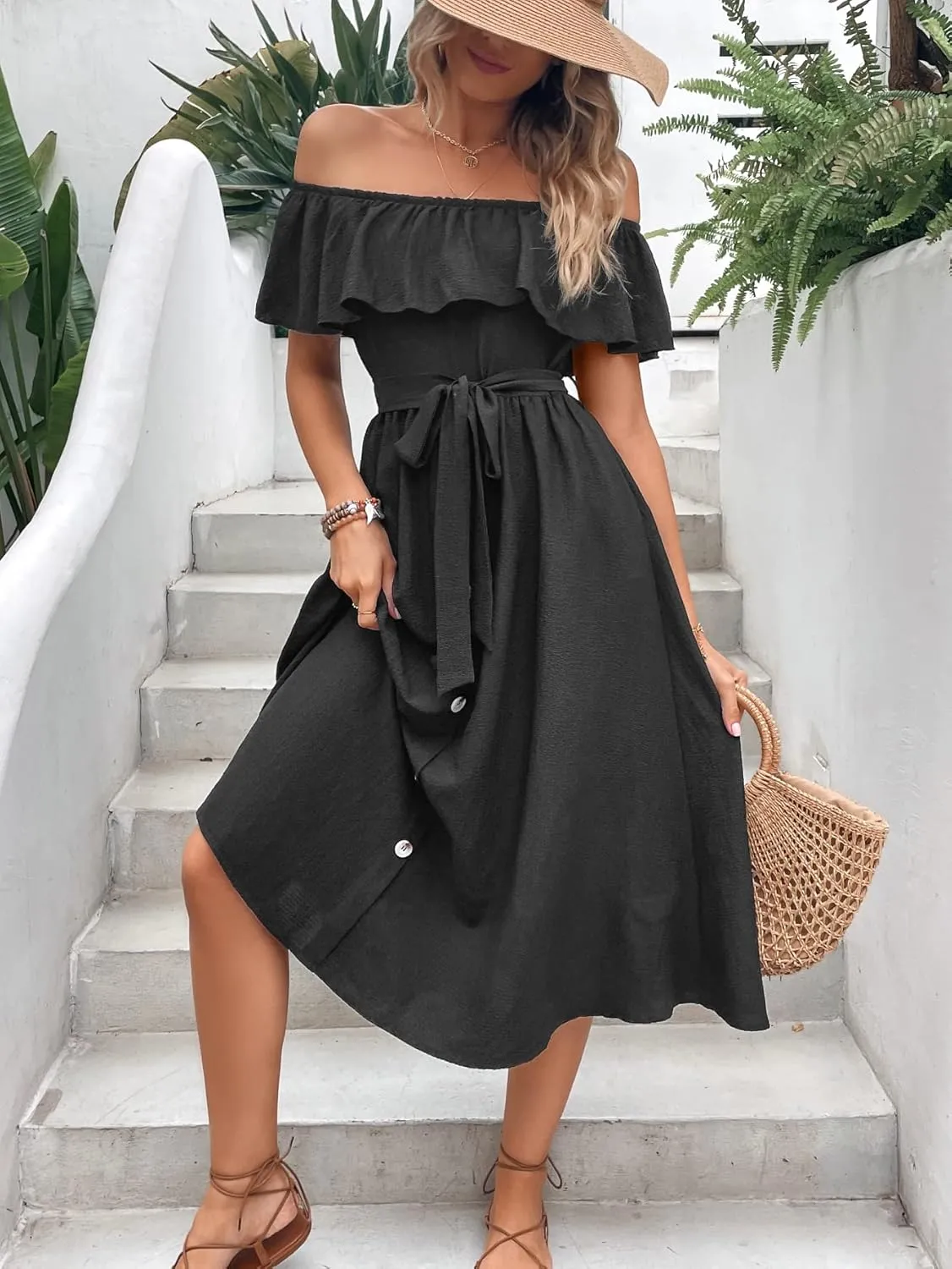 Women's Off Shoulder Ruffle Sleeve Solid High Waist A Line Long Dress with Belt
