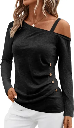 Womens Off Shoulder Tops Asymmetrical One Shoulder Shirts Long Sleeve Button Ruched Blouses