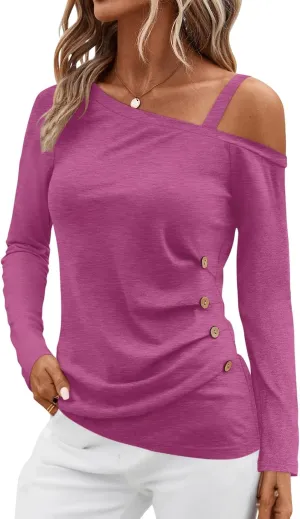 Womens Off Shoulder Tops Asymmetrical One Shoulder Shirts Long Sleeve Button Ruched Blouses