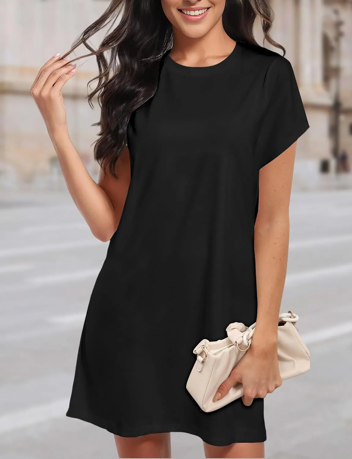 Women's Summer Casual T Shirts Short Sleeve Dress 2025 Spring Vacation Beach Mini Dress with Pockets