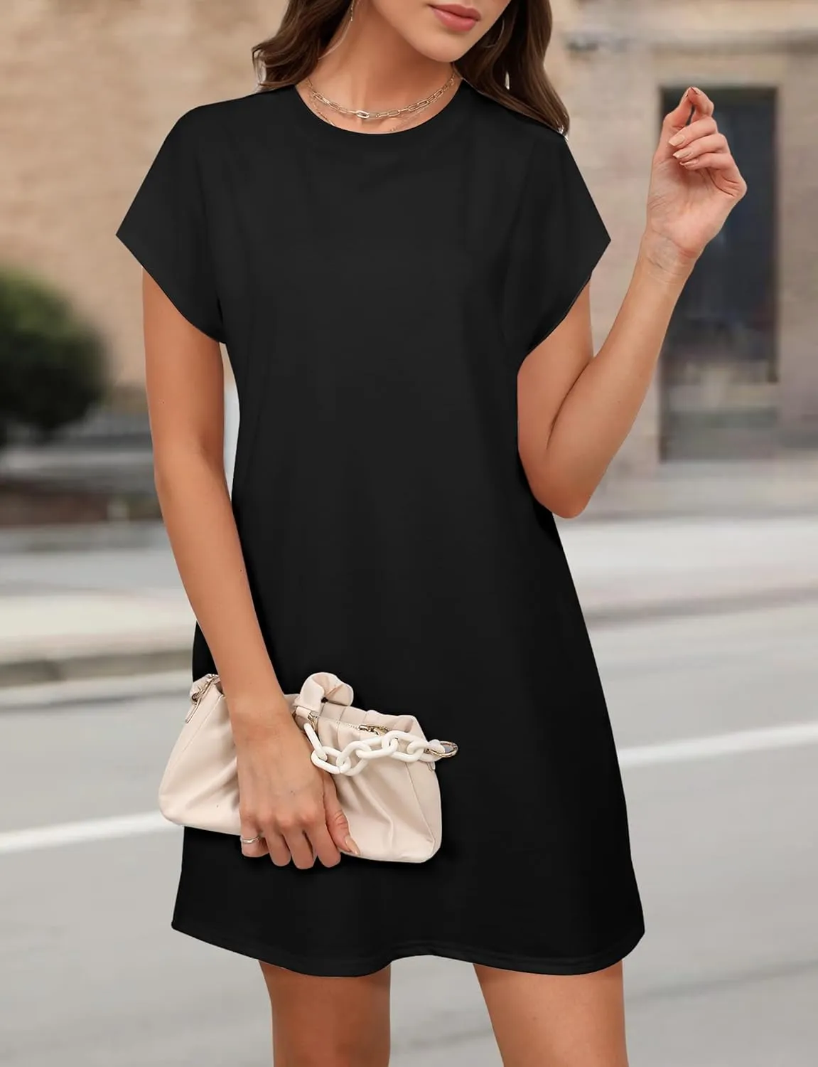 Women's Summer Casual T Shirts Short Sleeve Dress 2025 Spring Vacation Beach Mini Dress with Pockets