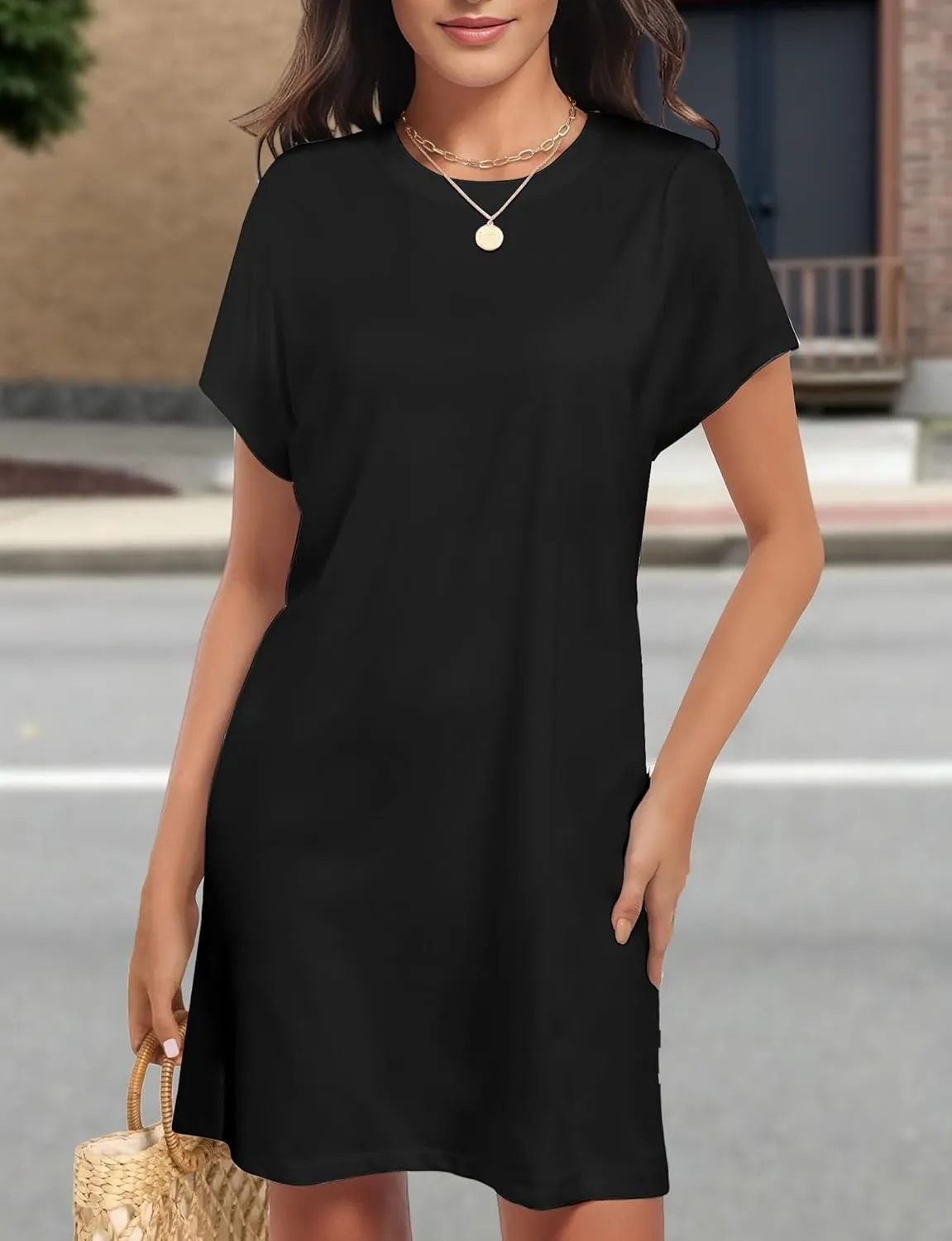 Women's Summer Casual T Shirts Short Sleeve Dress 2025 Spring Vacation Beach Mini Dress with Pockets