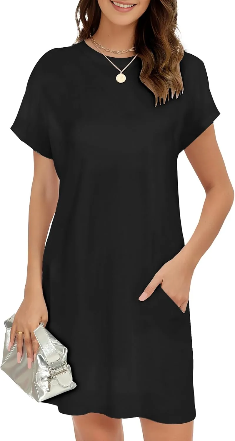 Women's Summer Casual T Shirts Short Sleeve Dress 2025 Spring Vacation Beach Mini Dress with Pockets