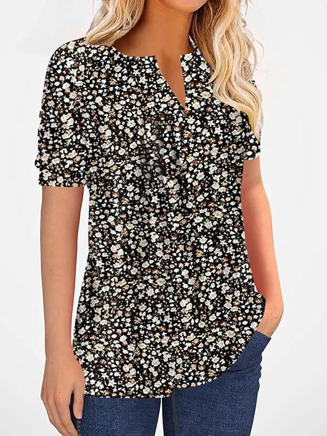 Women's Zipper Summer Pleated Button Short Sleeve T-Shirt Summer V-Neck Solid Color Casual top