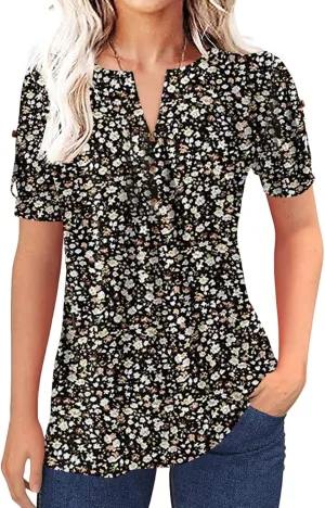 Women's Zipper Summer Pleated Button Short Sleeve T-Shirt Summer V-Neck Solid Color Casual top