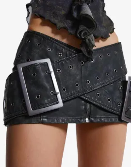 Y2K Revival Denim Mini Skirt with Bold Buckles -  Emo Vintage  Short Sexy Leather Fairy Grunge Lhigh  Waist Pu Leather A-line Skirt Alt Clothes