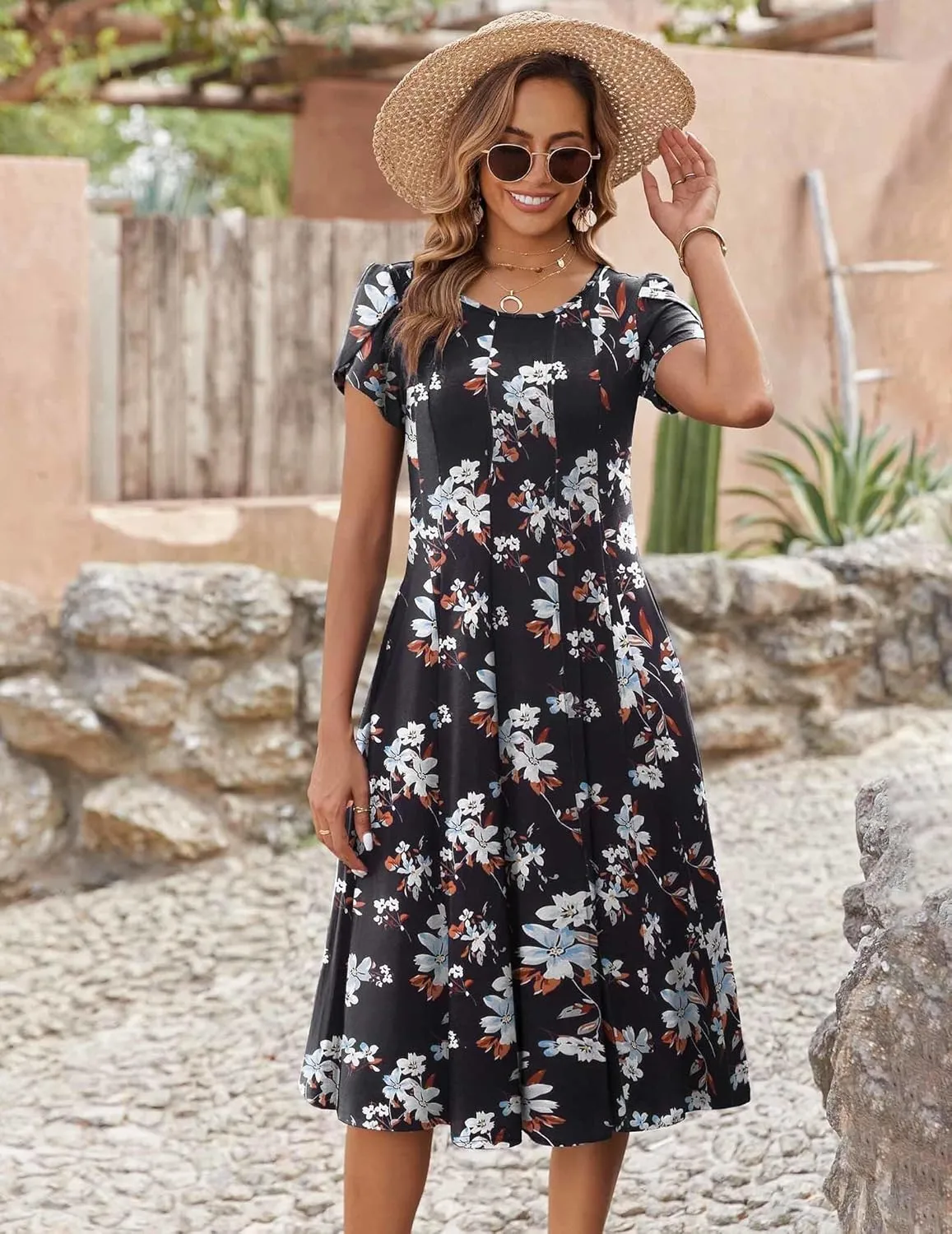 Zeagoo Womens Casual Dress for Summer Short Sleeve Pleated Dress Loose Flowy Beach Dress with Pockets Flare Midi Sundress