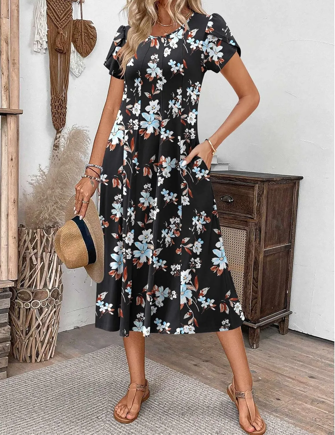 Zeagoo Womens Casual Dress for Summer Short Sleeve Pleated Dress Loose Flowy Beach Dress with Pockets Flare Midi Sundress