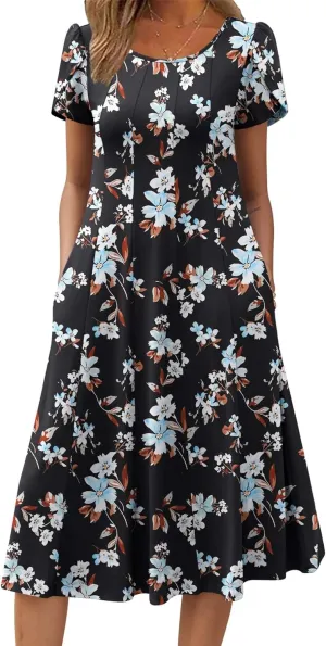 Zeagoo Womens Casual Dress for Summer Short Sleeve Pleated Dress Loose Flowy Beach Dress with Pockets Flare Midi Sundress