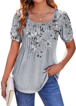 Zeagoo Womens Summer Tops Casual Puff Short Sleeve T Shirts Floral/Solid Pleated Tunics Square Neck Work Blouse