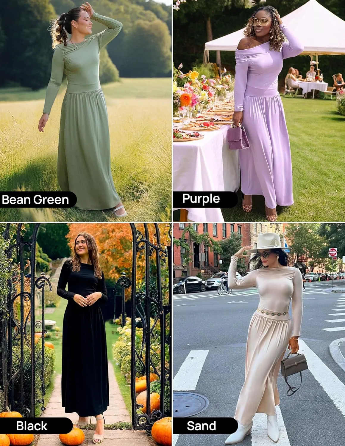 ZESICA Women's Long Sleeve Spring Maxi Dress 2025 Crewneck Knit Casual Slim Swing Pleated Dresses with Pockets