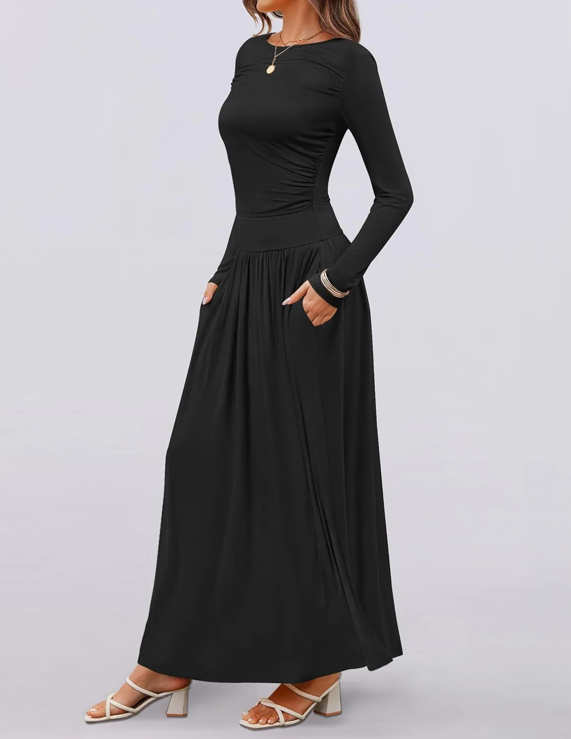 ZESICA Women's Long Sleeve Spring Maxi Dress 2025 Crewneck Knit Casual Slim Swing Pleated Dresses with Pockets