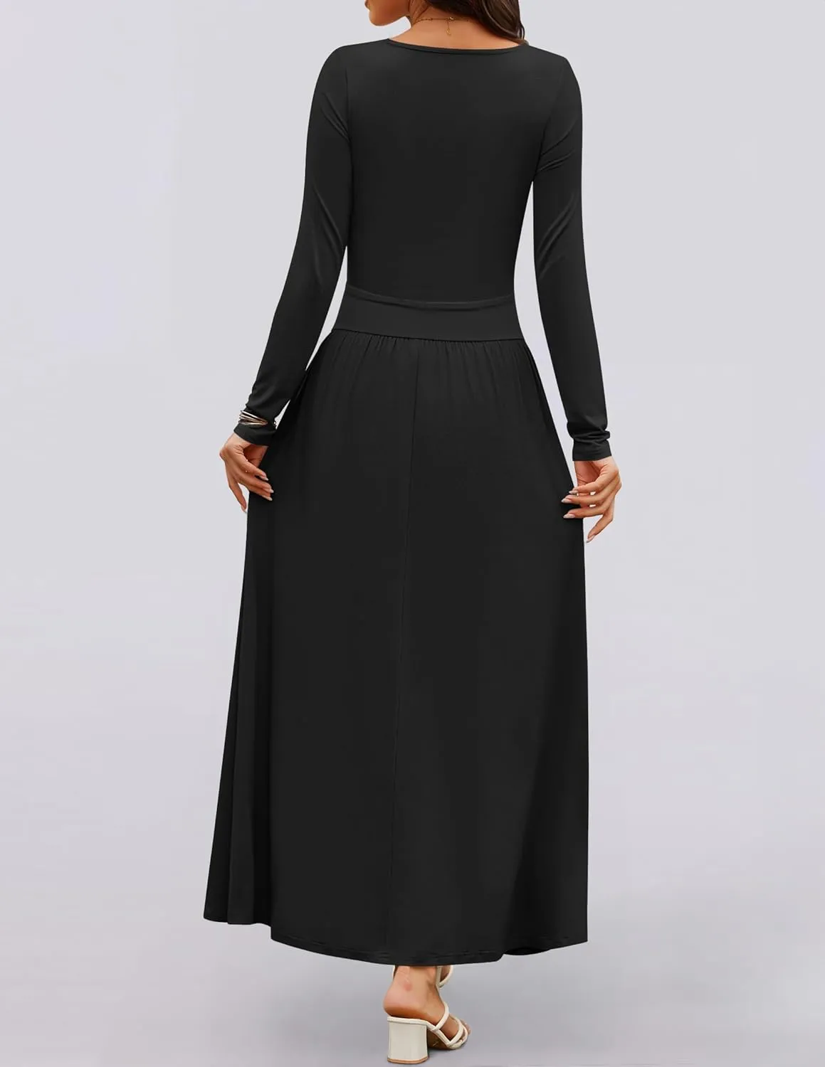 ZESICA Women's Long Sleeve Spring Maxi Dress 2025 Crewneck Knit Casual Slim Swing Pleated Dresses with Pockets