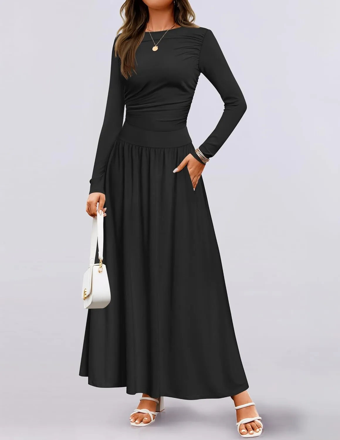 ZESICA Women's Long Sleeve Spring Maxi Dress 2025 Crewneck Knit Casual Slim Swing Pleated Dresses with Pockets