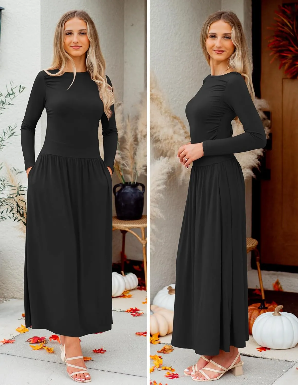 ZESICA Women's Long Sleeve Spring Maxi Dress 2025 Crewneck Knit Casual Slim Swing Pleated Dresses with Pockets