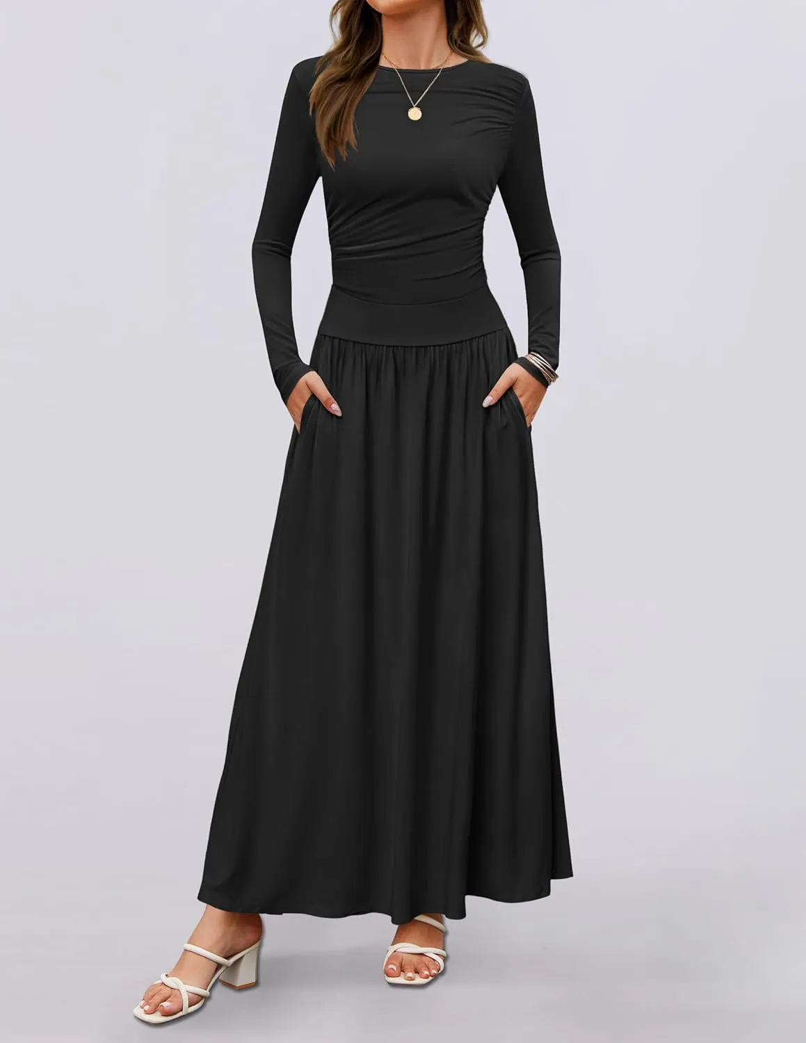ZESICA Women's Long Sleeve Spring Maxi Dress 2025 Crewneck Knit Casual Slim Swing Pleated Dresses with Pockets