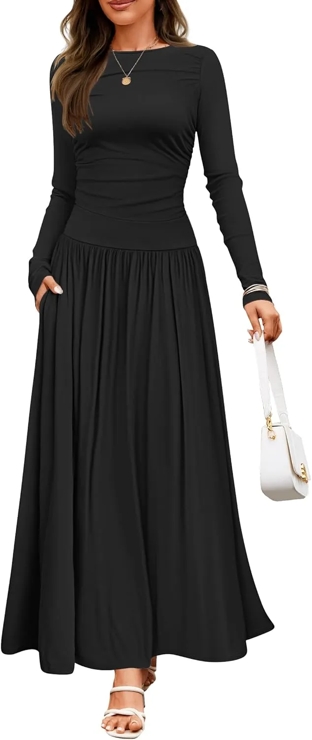 ZESICA Women's Long Sleeve Spring Maxi Dress 2025 Crewneck Knit Casual Slim Swing Pleated Dresses with Pockets