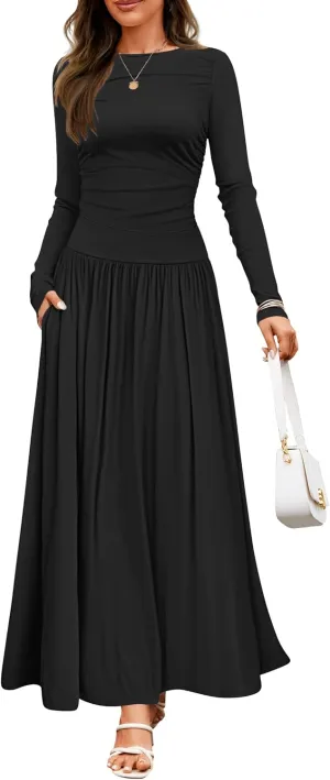 ZESICA Women's Long Sleeve Spring Maxi Dress 2025 Crewneck Knit Casual Slim Swing Pleated Dresses with Pockets