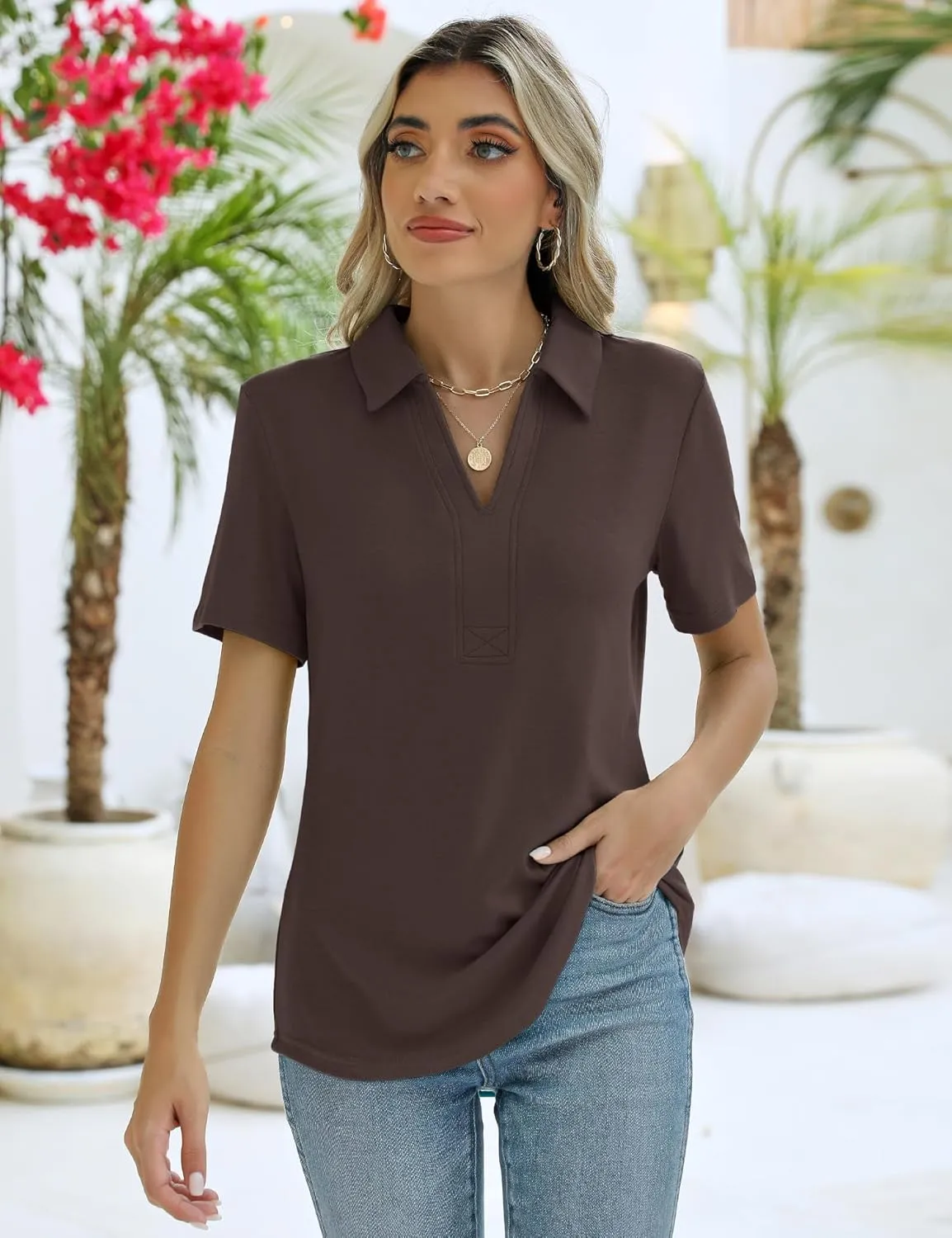 ZHENWEI Women's Short Sleeve V-Neck Polo Shirts Business Casual Work Collared Tops Dressy Johnny Collar Cute Blouses