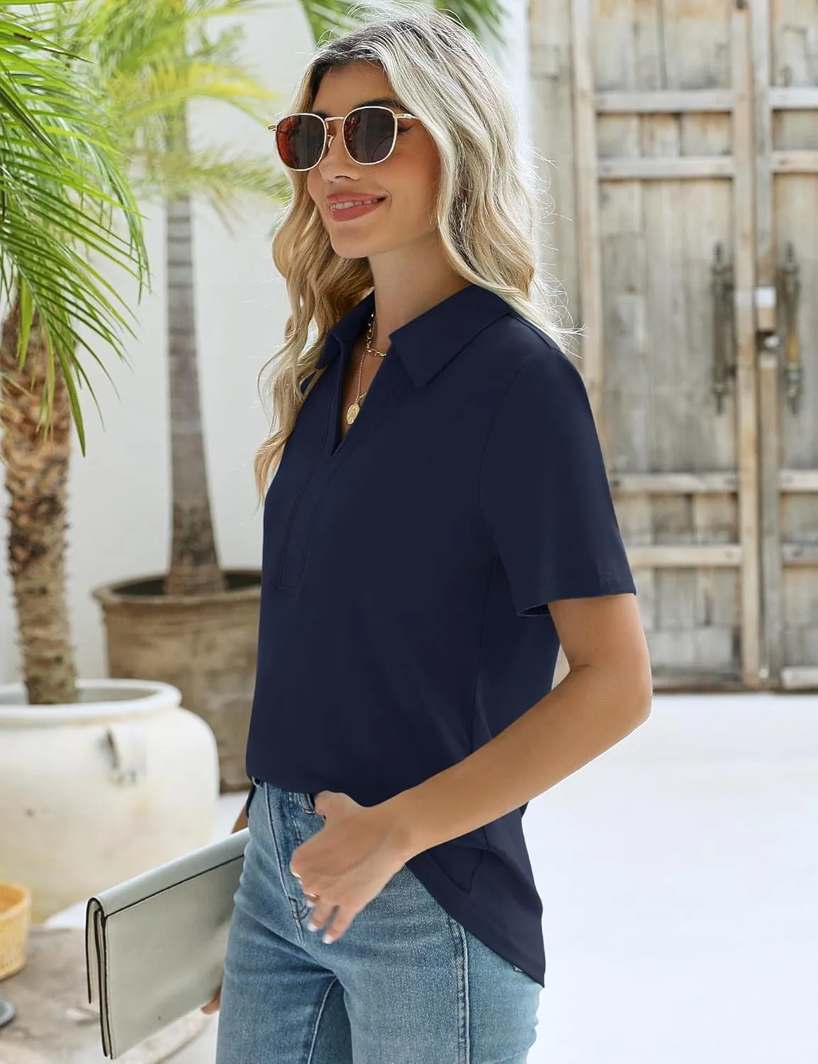 ZHENWEI Women's Short Sleeve V-Neck Polo Shirts Business Casual Work Collared Tops Dressy Johnny Collar Cute Blouses