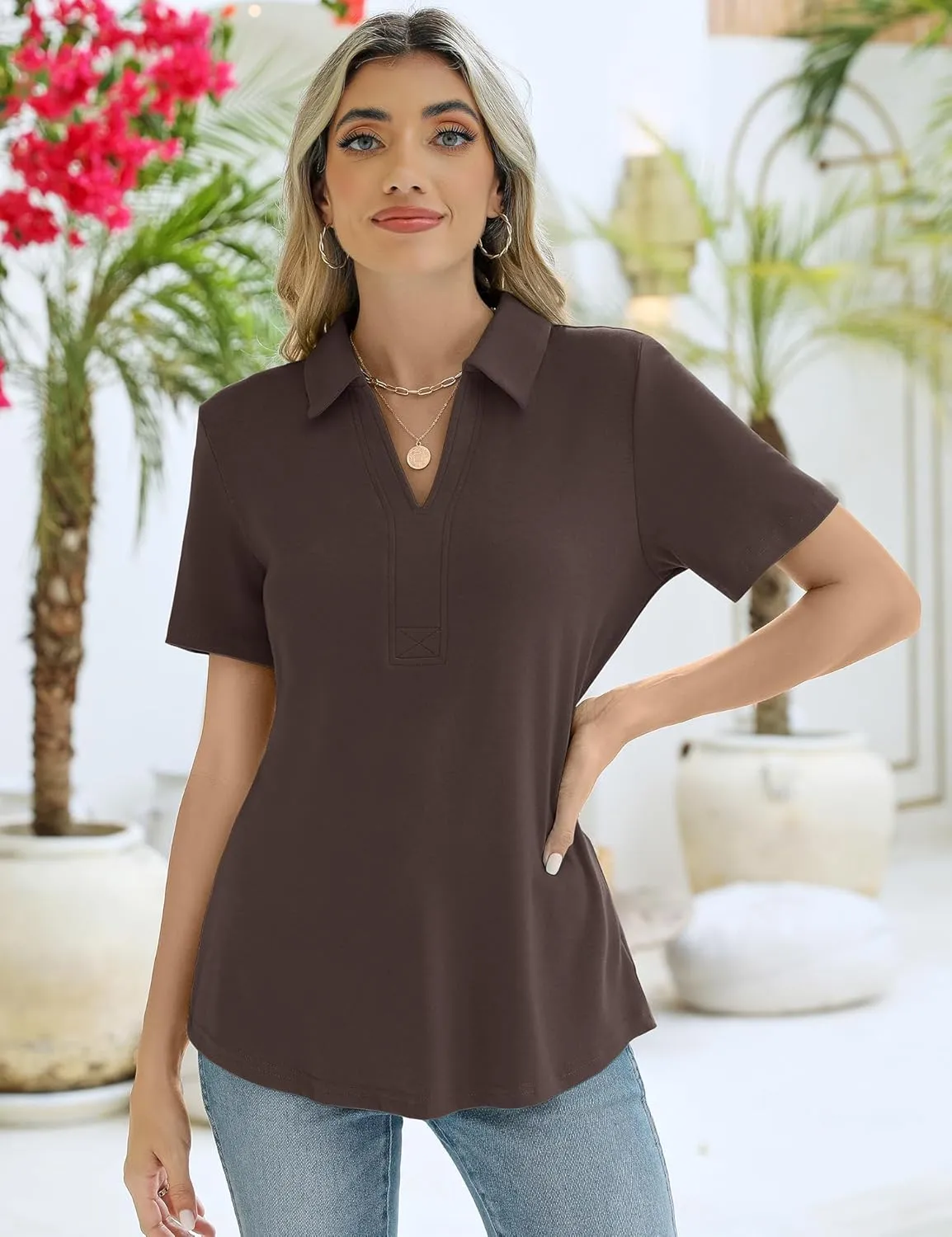 ZHENWEI Women's Short Sleeve V-Neck Polo Shirts Business Casual Work Collared Tops Dressy Johnny Collar Cute Blouses