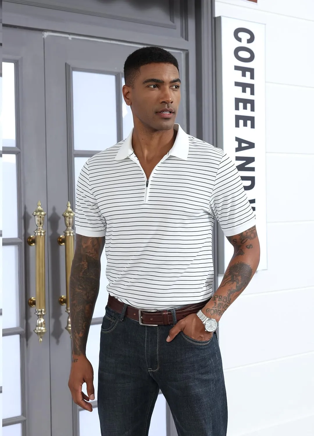 ZTN Men's Polo Shirts Short Sleeve Dry Fit Performance Moisture Wicking Zipper Golf Polo Shirts Striped Daily Casual T-Shirt